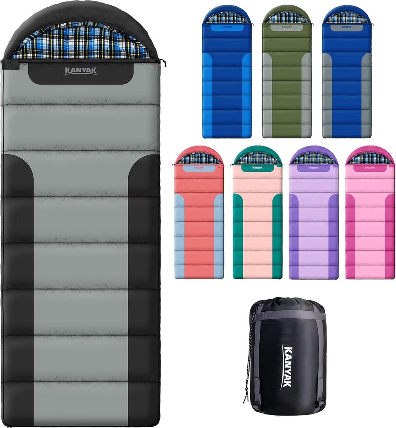 Kanyak Cotton Flannel Lined Sleeping Bag for Adults Teens Kids, Cold Weather &Warm, 3 Seasons, Lightweight Compact Camping Essentials Equipment, Hiking, Outdoor, Travel - Image 1